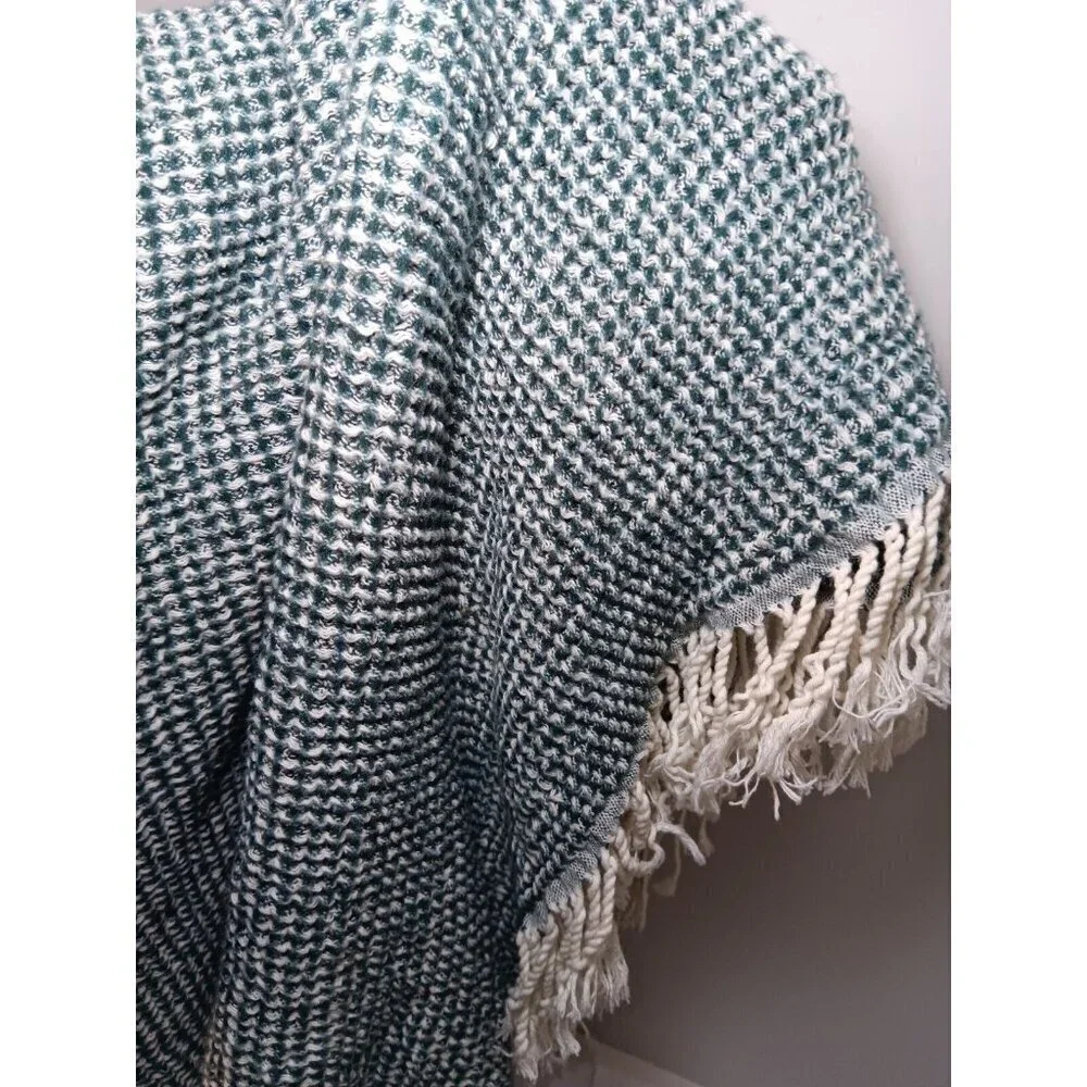 Nido Notte Italy Green White Plaid Fringed Throw Blanket Cotton Acrylic Italia